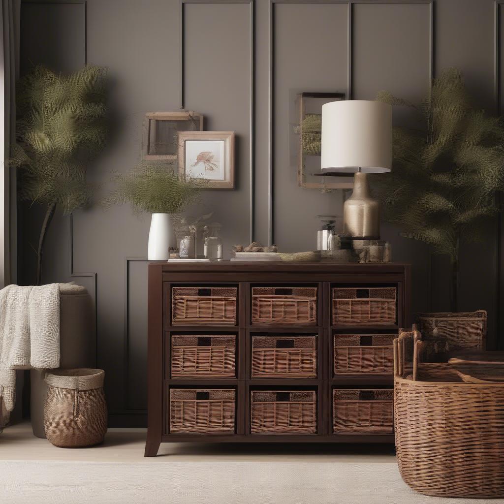 Bentley Home Wide Wooden Storage Cabinet with 4 Wicker Baskets - showcasing the cabinet's elegant design and spacious wicker baskets in a beautifully decorated living room.