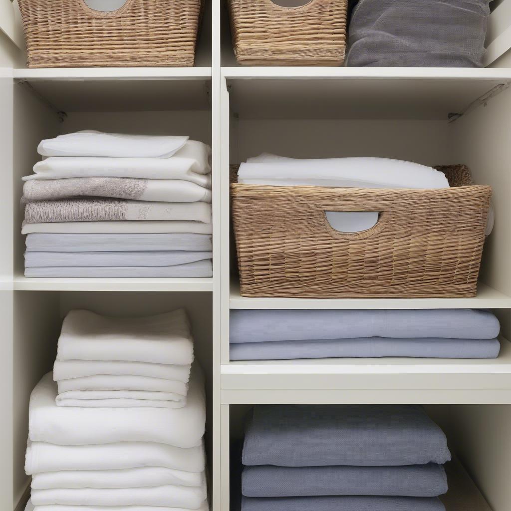 Stacked HO15 wicker baskets maximizing storage space in a closet.