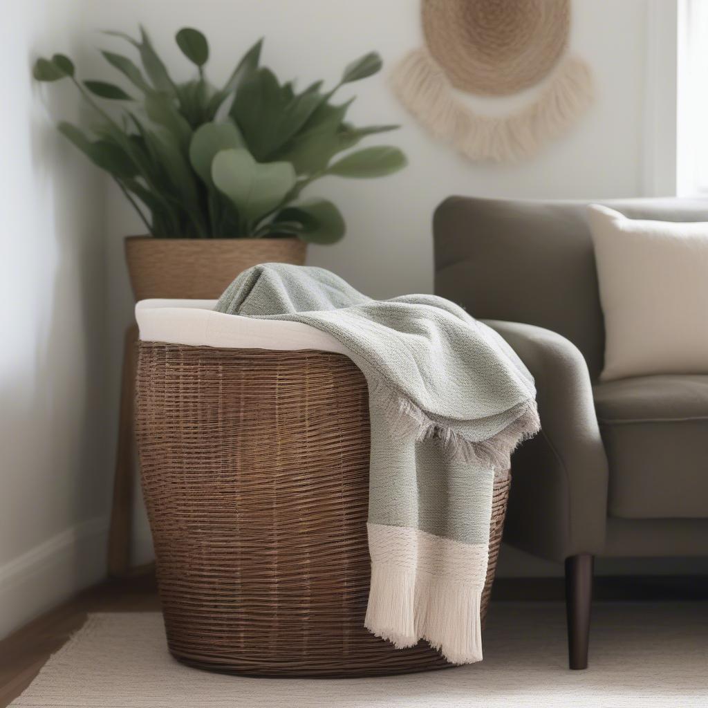 Better Homes & Gardens wicker storage basket brown in a living room setting