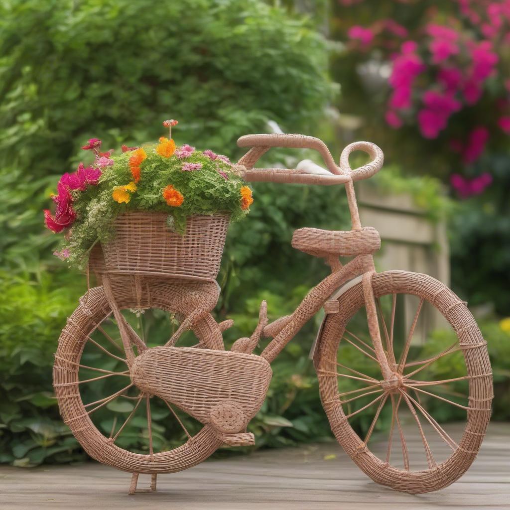 Bicycle Shaped Wicker Plant Holder Outdoor Display