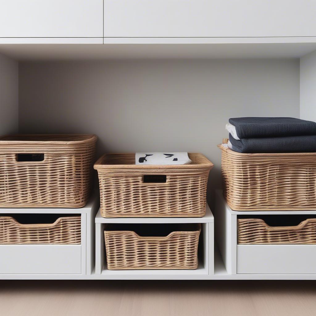 Black 4-Drawer Wicker Basket Storage Unit in a Bedroom