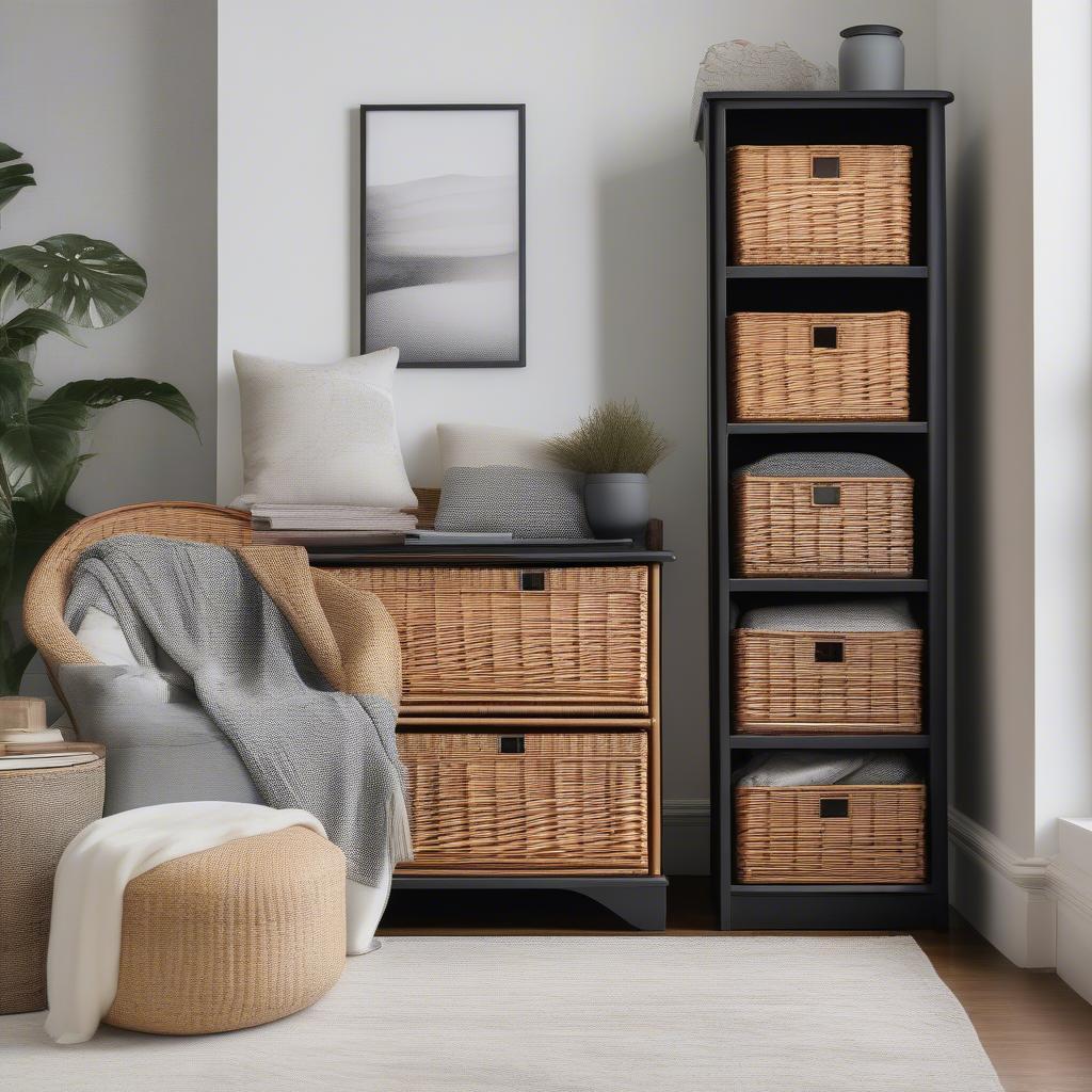 Black 4-Drawer Wicker Basket Storage Unit in a Living Room