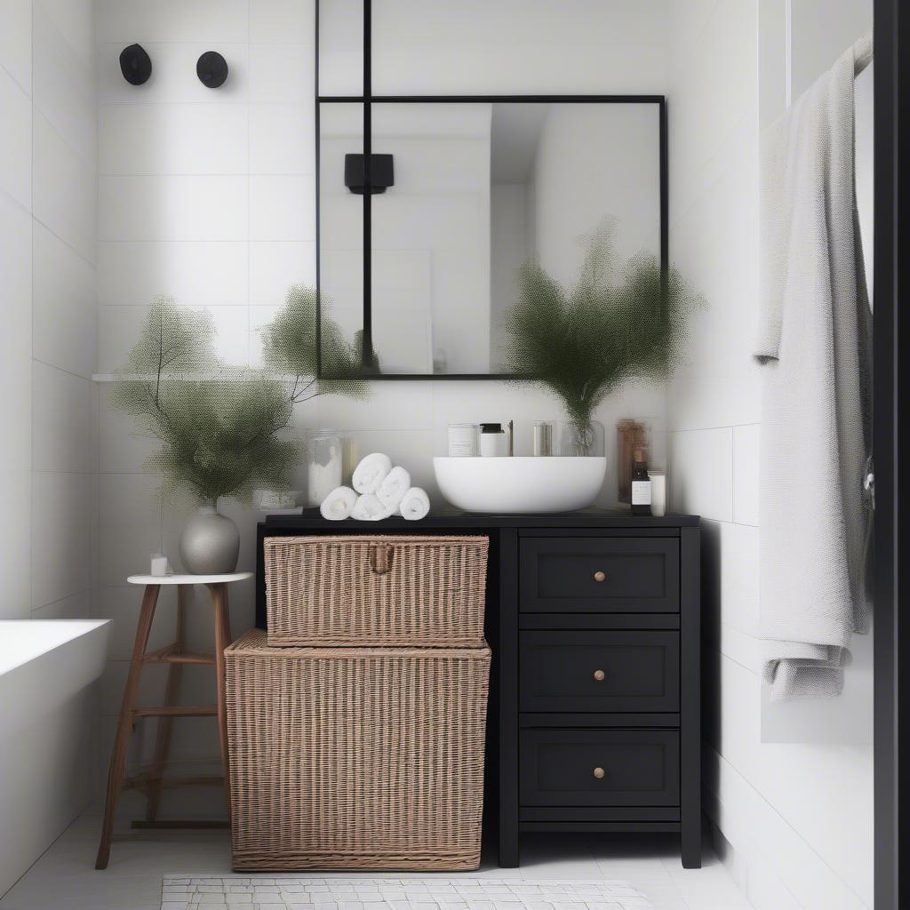 Black Cabinet with Wicker Baskets in a Bathroom Setting