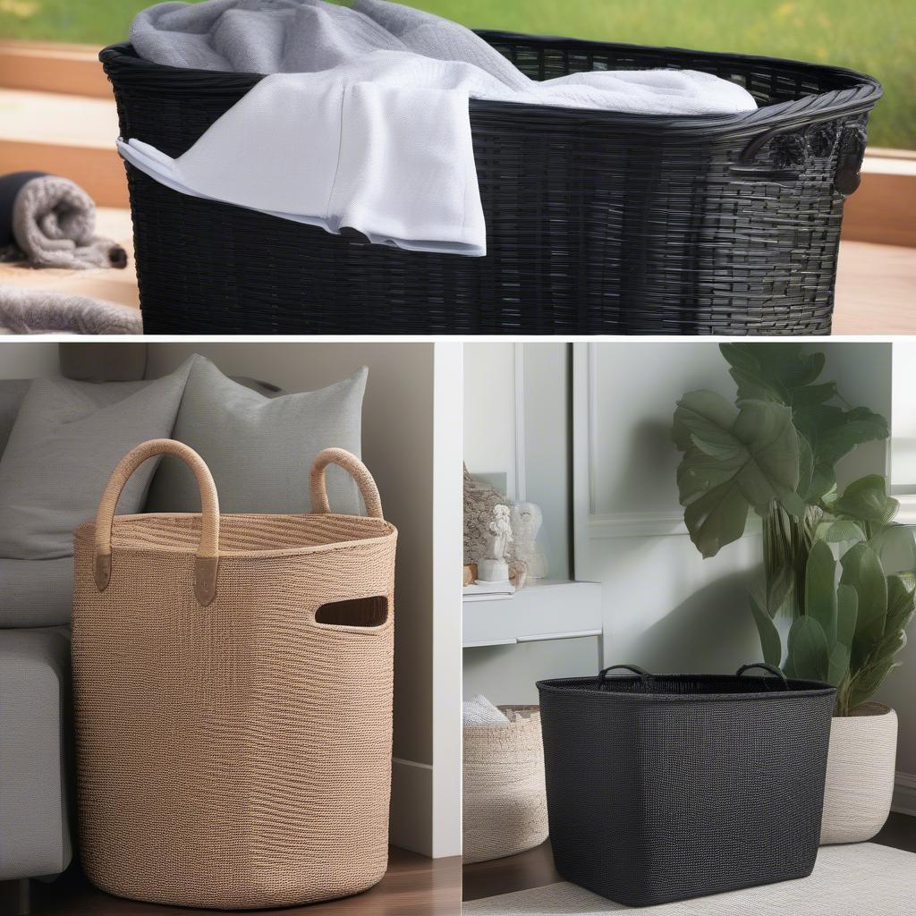 Black resin wicker tote used for various storage purposes in different rooms.