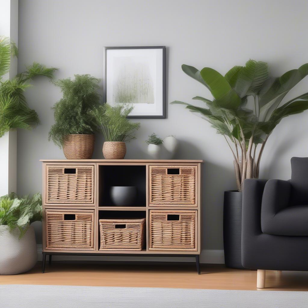 Black Storage Cabinet with Wicker Baskets in a Living Room