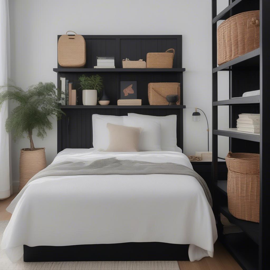 Black storage unit with wicker baskets used as a nightstand in a bedroom.