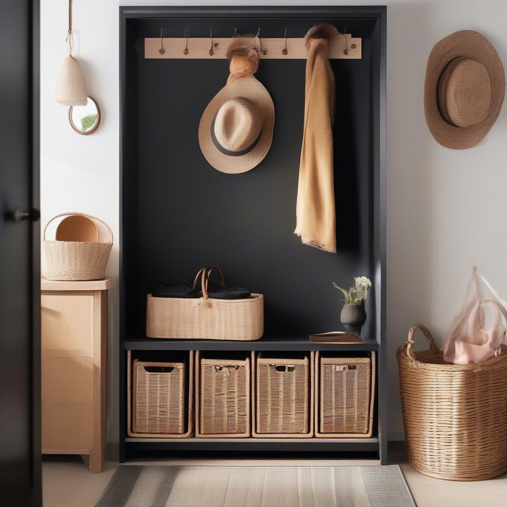 Black storage unit with wicker baskets in an entryway.