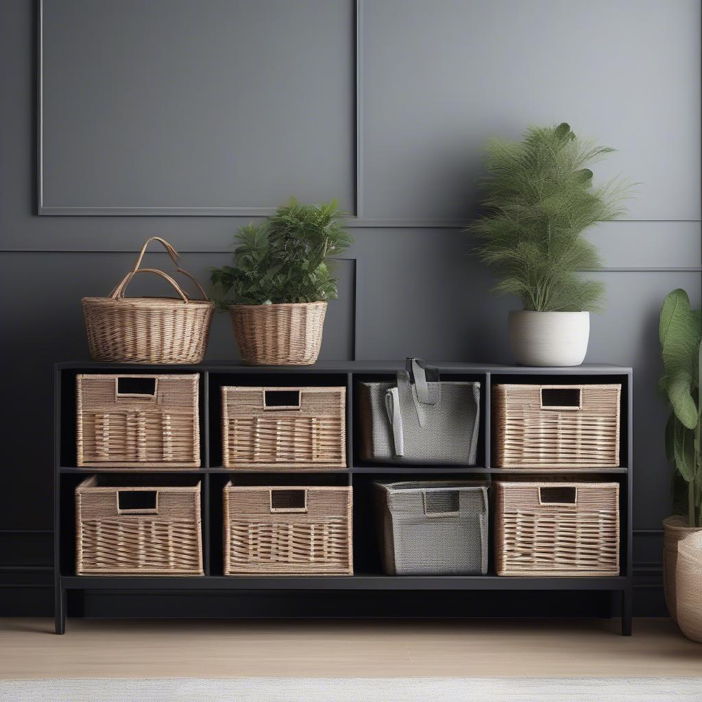 Black storage unit with wicker baskets in a modern living room setting