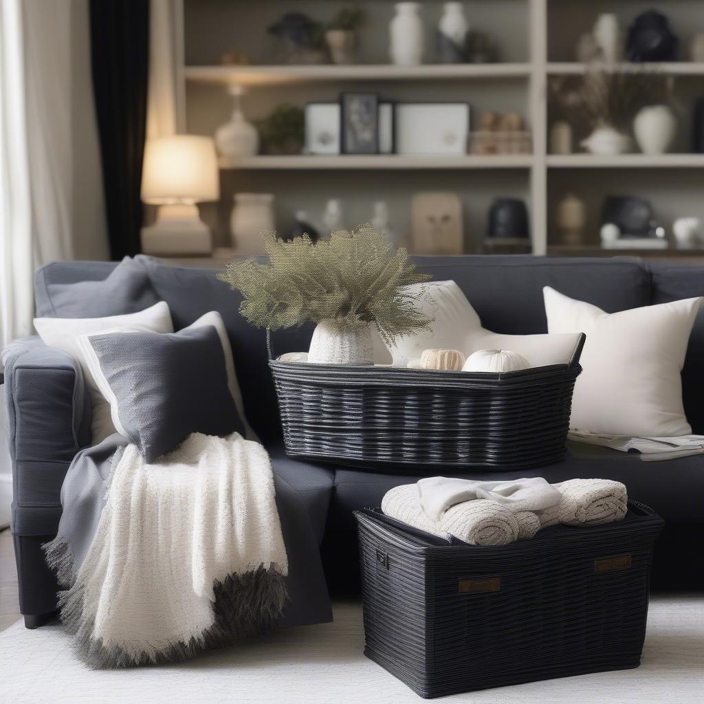 Black Wicker Basket Used for Blanket Storage in a Living Room