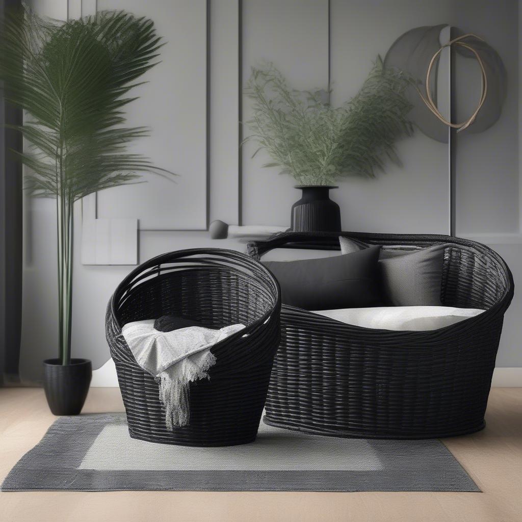 Black Wicker Basket in a Modern Living Room Setting