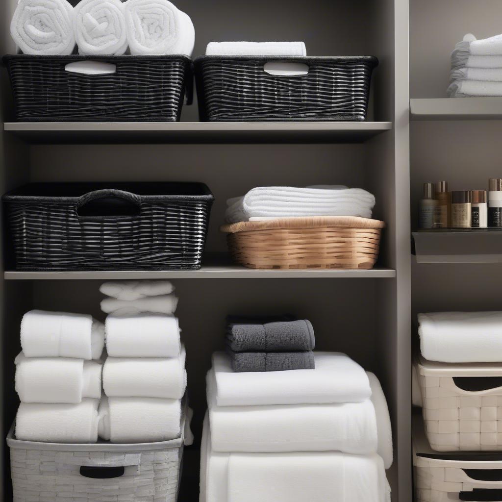 Black wicker baskets used for organizing items on a shelf, highlighting their ability to create a neat and stylish storage solution.