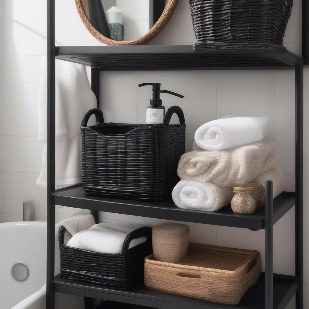 Black wicker basket storage shelf in a bathroom