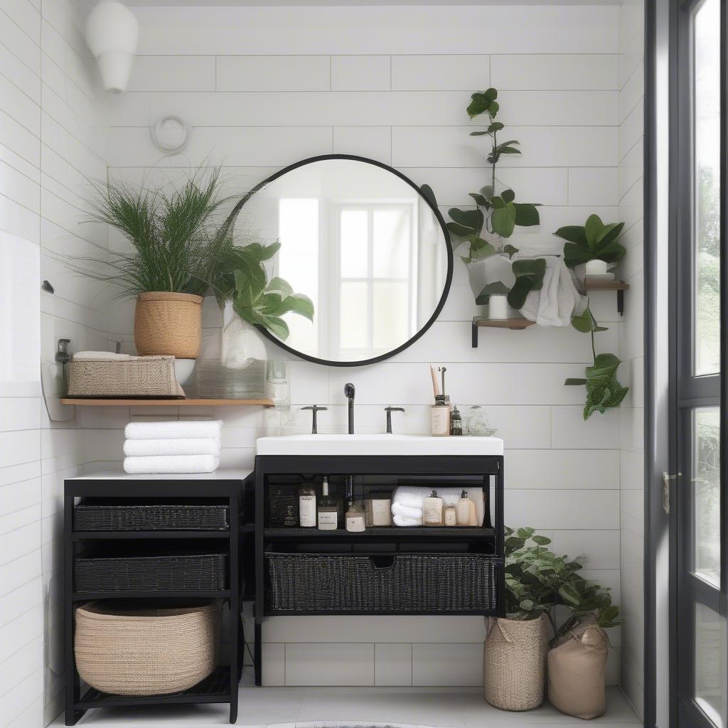 Black Wicker Basket Storage Shelf in a Bathroom