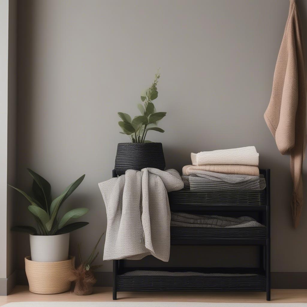 Black wicker basket storage shelf in a bedroom