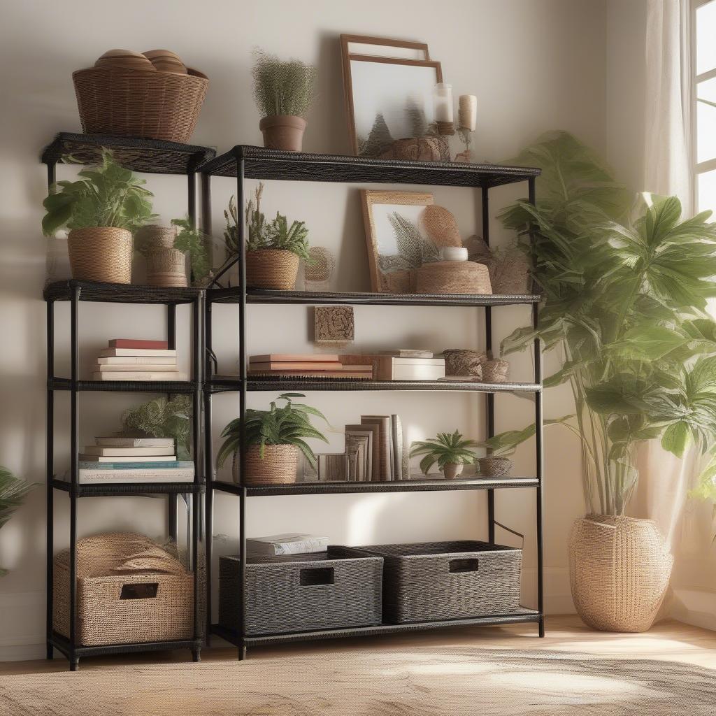 Black wicker basket storage shelf in a living room setting