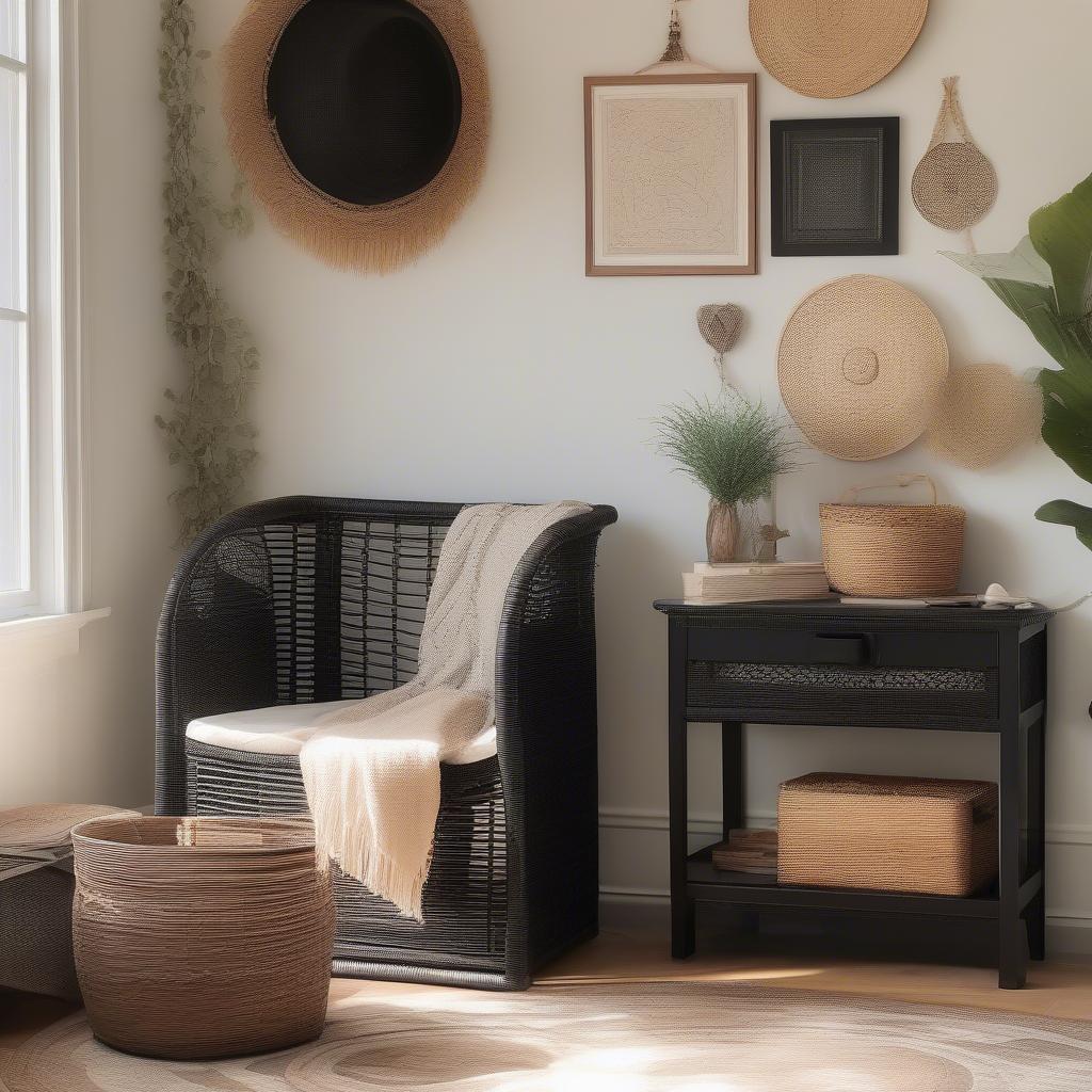 Black Wicker Basket Storage Unit in a Living Room