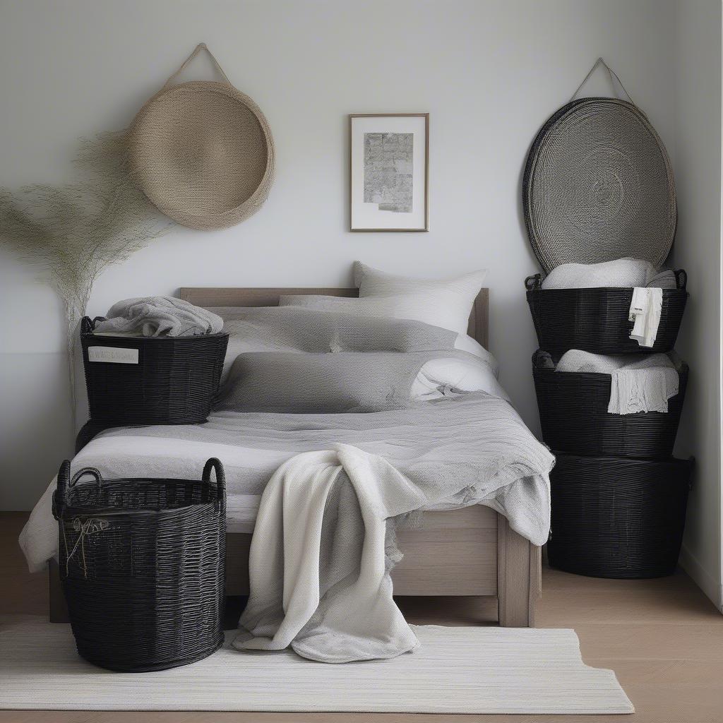 Black Wicker Baskets Used for Storage in a Bedroom