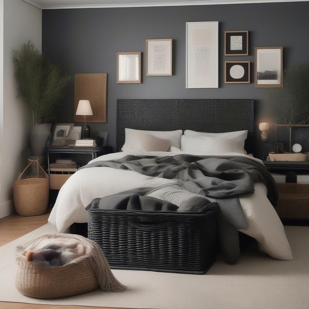 Black wicker baskets used for storage in a bedroom, showcasing their ability to blend seamlessly with different decor styles.