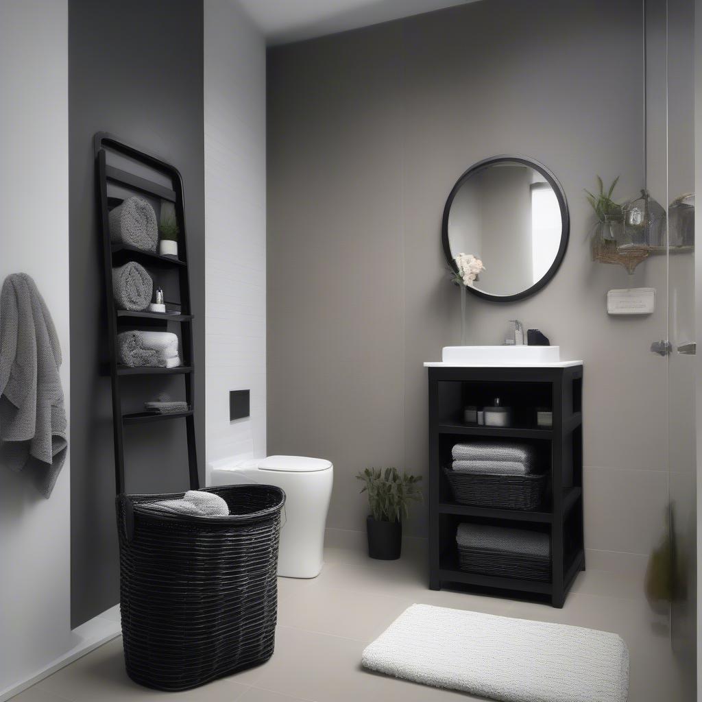 Black Wicker Baskets Used for Towel Storage in a Bathroom