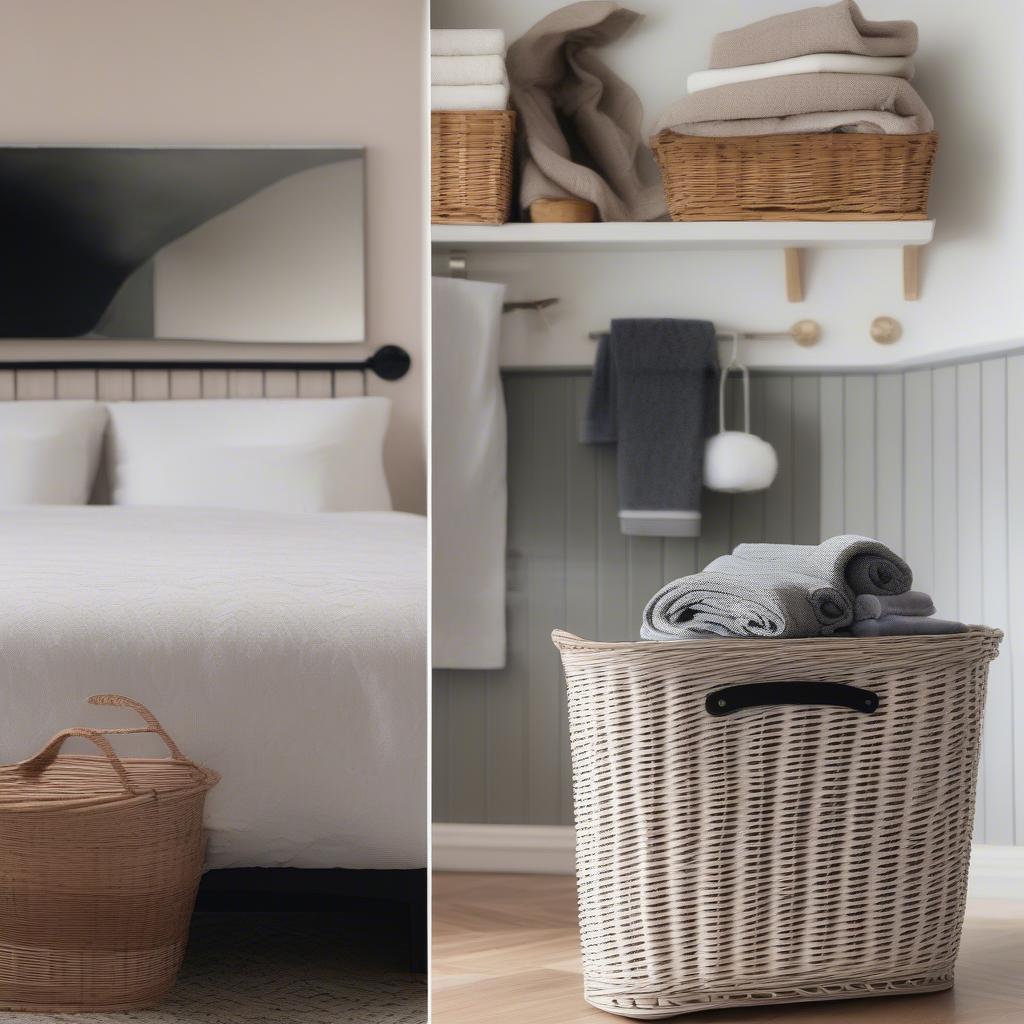 Black wicker baskets in bedroom and bathroom settings