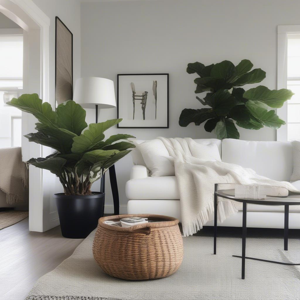 Black wicker baskets in a modern living room