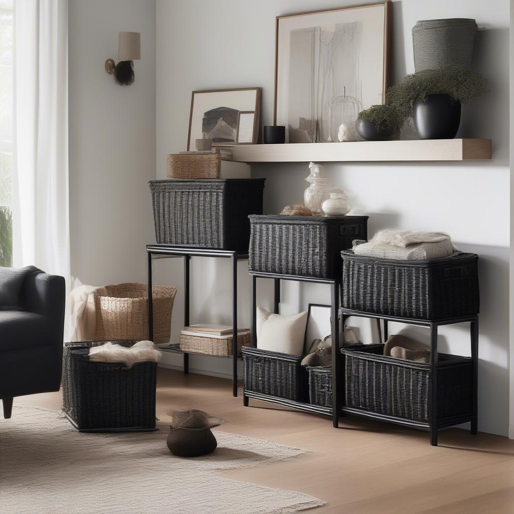 Black wicker baskets used for storage in a living room setting, showcasing their versatility and aesthetic appeal.