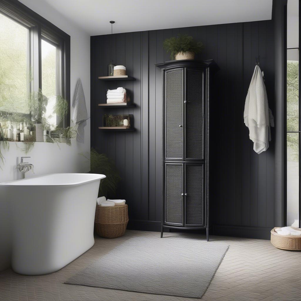 Black wicker cabinet for bathroom storage