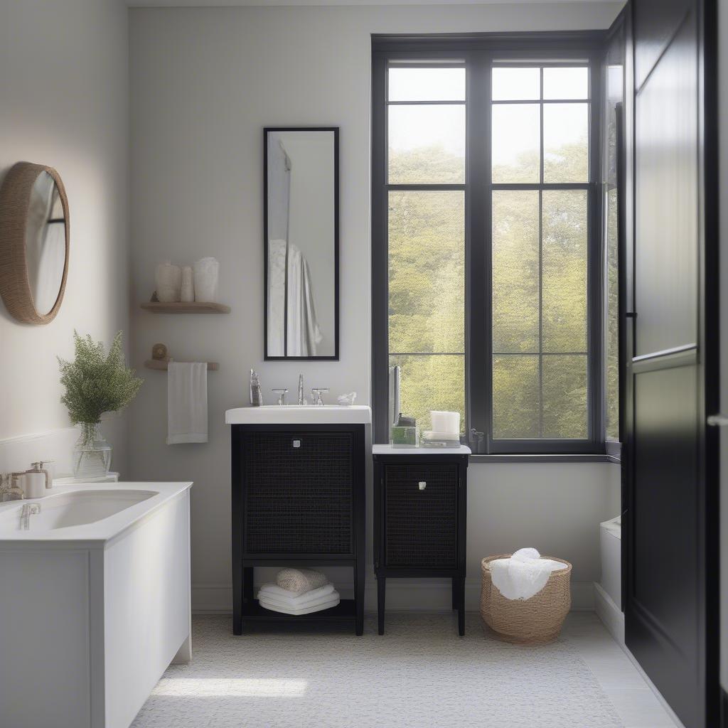 Black Wicker Bathroom Cabinet in a Bright, Airy Bathroom