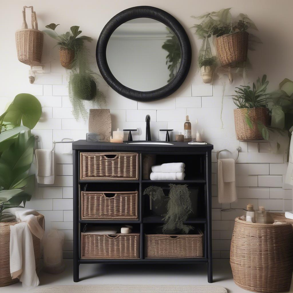 Black Wicker Bathroom Cabinet with Drawers and Open Shelves