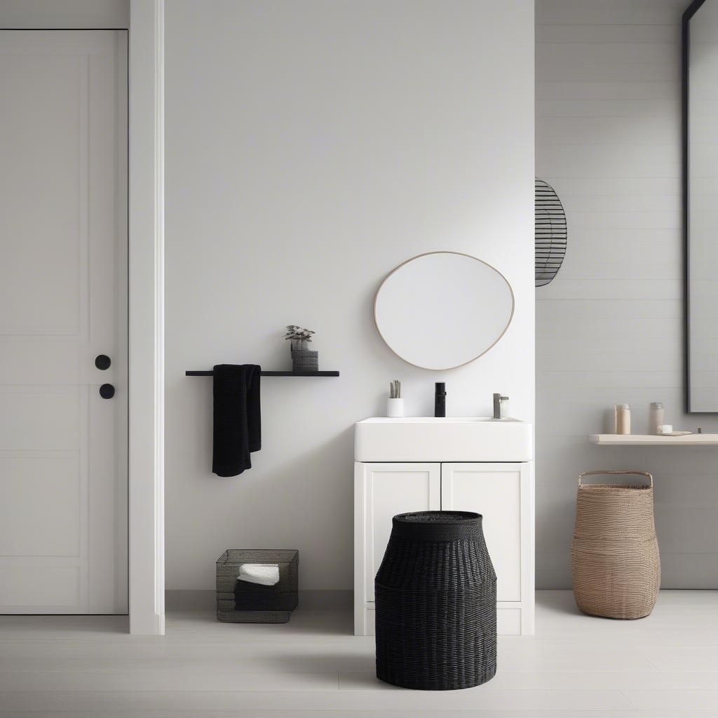 Stylish black wicker hamper in a minimalist bathroom