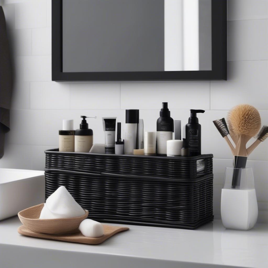 A black wicker organizer on a bathroom counter holding toiletries and other small items.