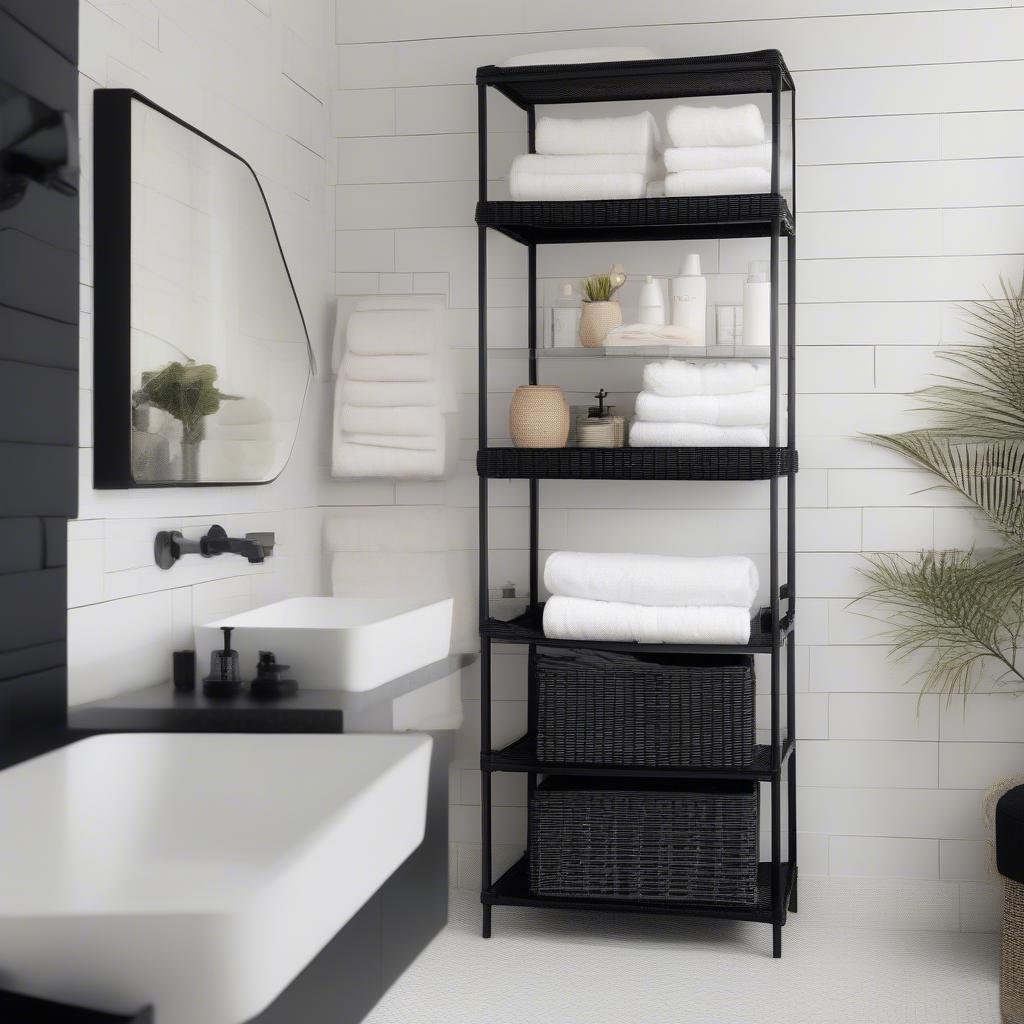 Black wicker shelves in a modern bathroom