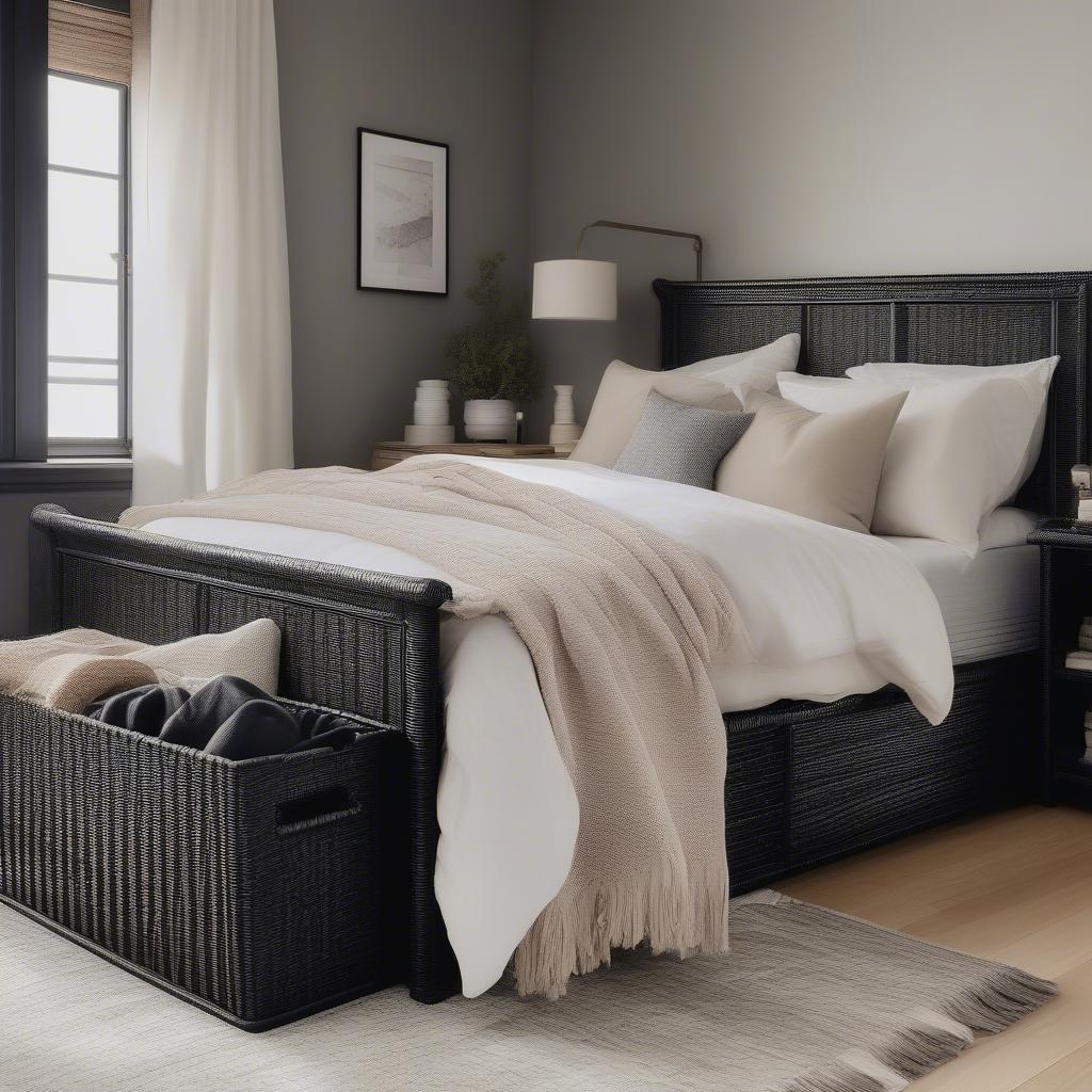 Black wicker storage bins used in a bedroom