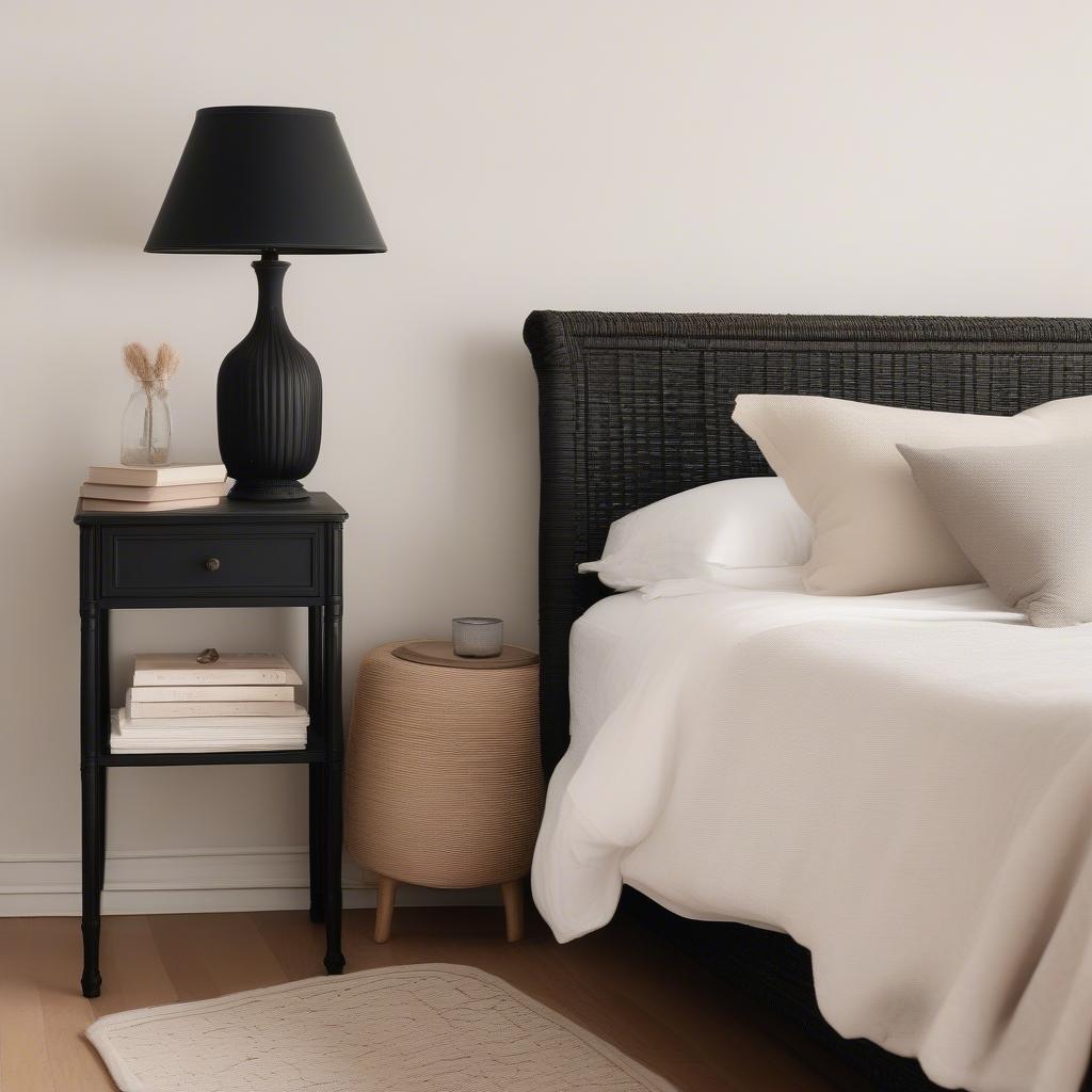 Black wicker cabinet used as a nightstand in a bedroom