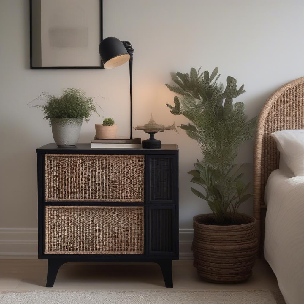 Black wicker cabinet used as a nightstand in a bedroom