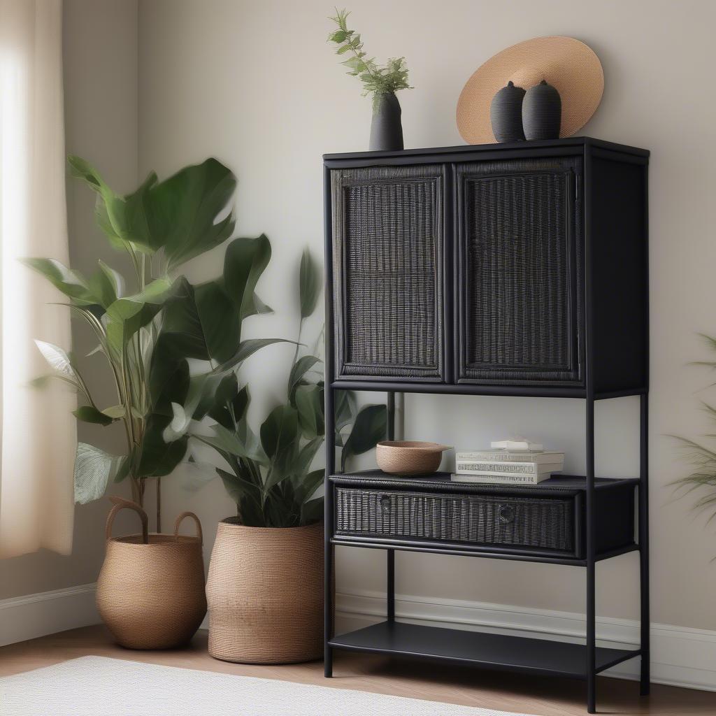 Black wicker cabinet in a modern living room setting