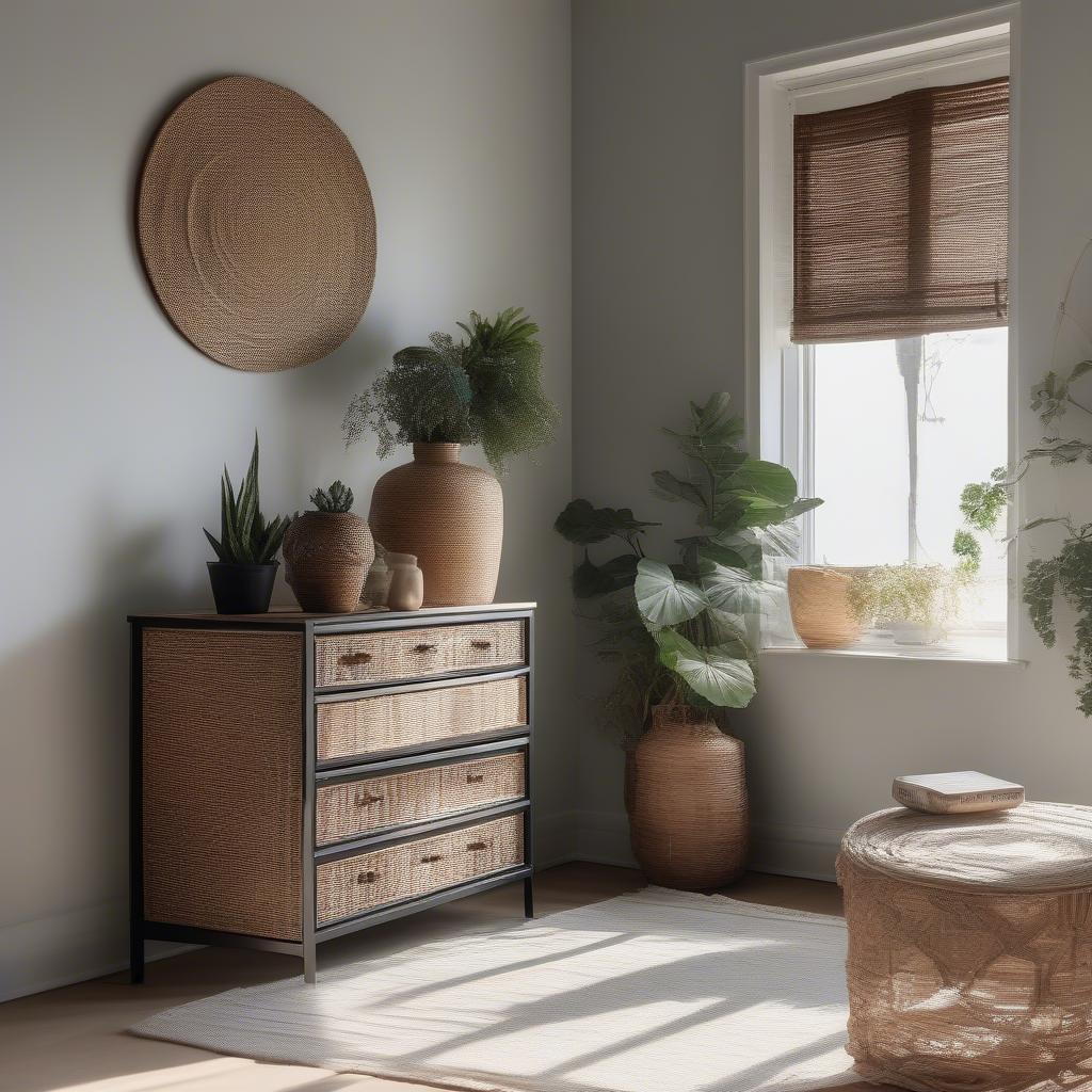 Black wicker cabinet in a modern living room setting