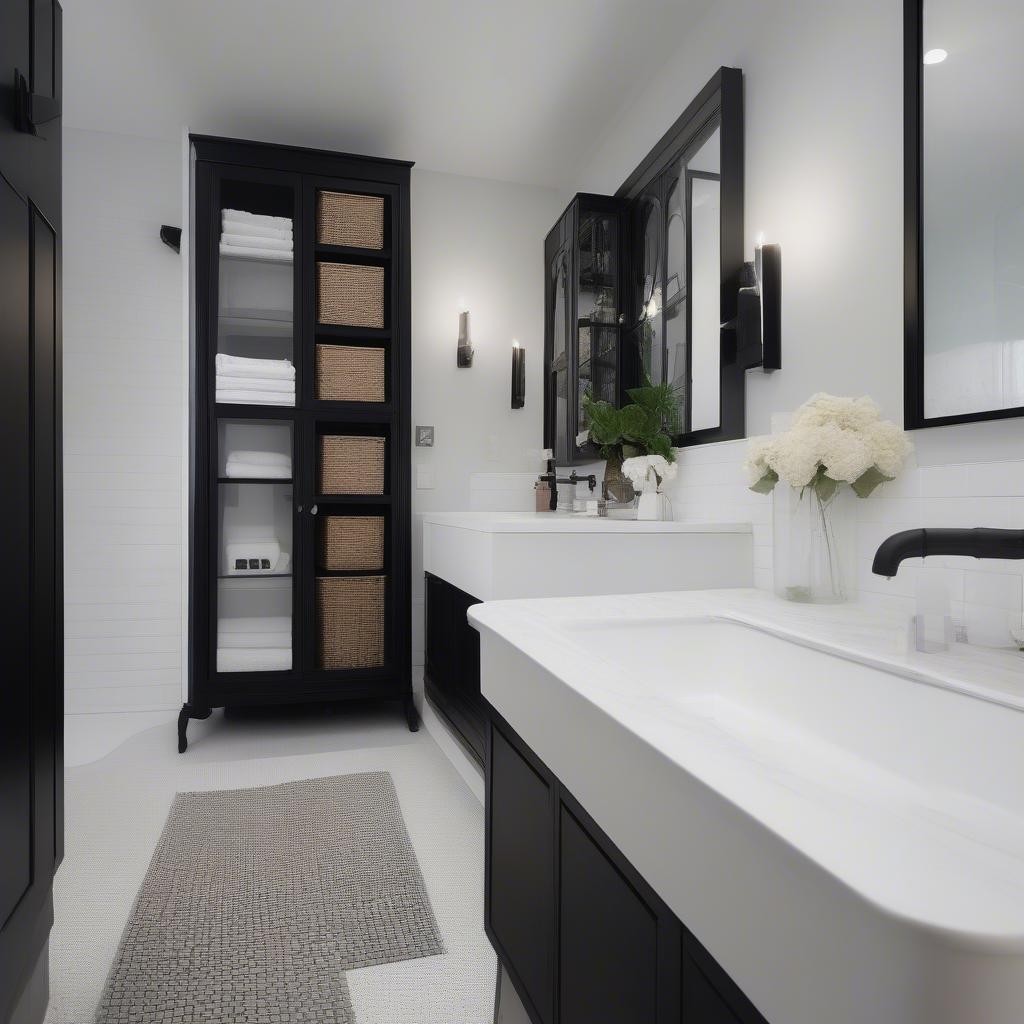 Black wicker cabinet in a modern bathroom, contrasting with white walls and sleek fixtures.