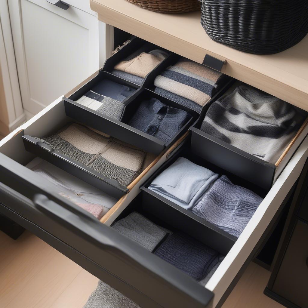 Organizing items inside a black wicker cabinet