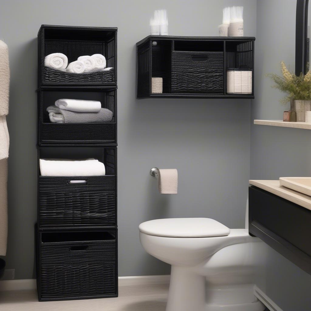 Black wicker half bins stylishly organizing bathroom essentials