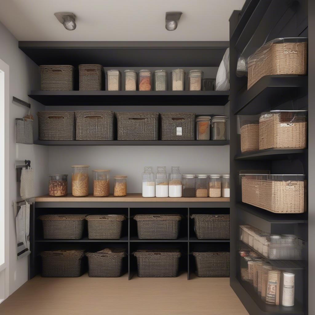 Black wicker half bins neatly organizing pantry items