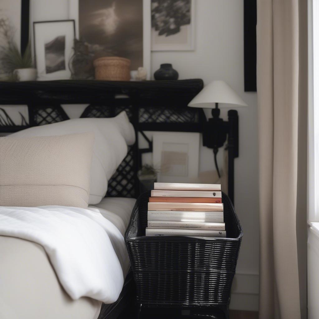 Black wicker magazine holder in a bedroom setting