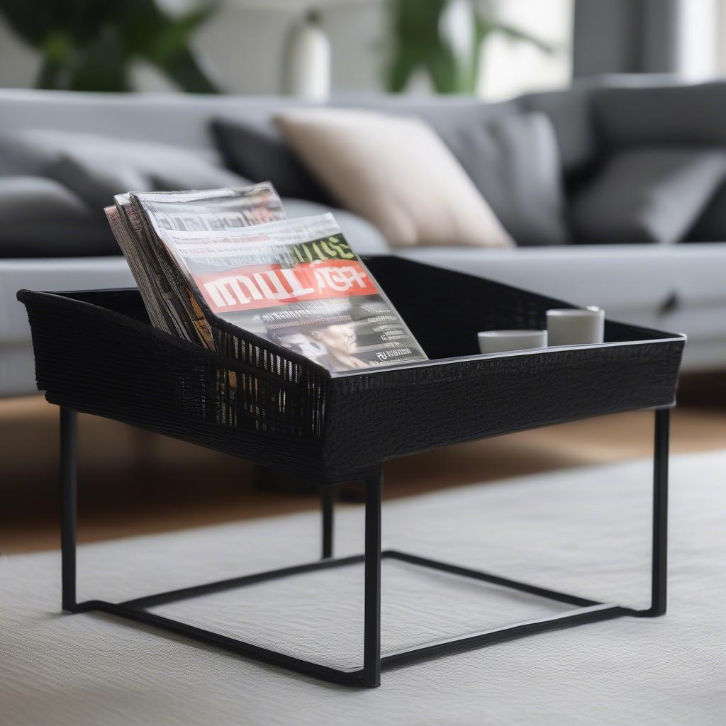 Black wicker magazine holder in a modern living room