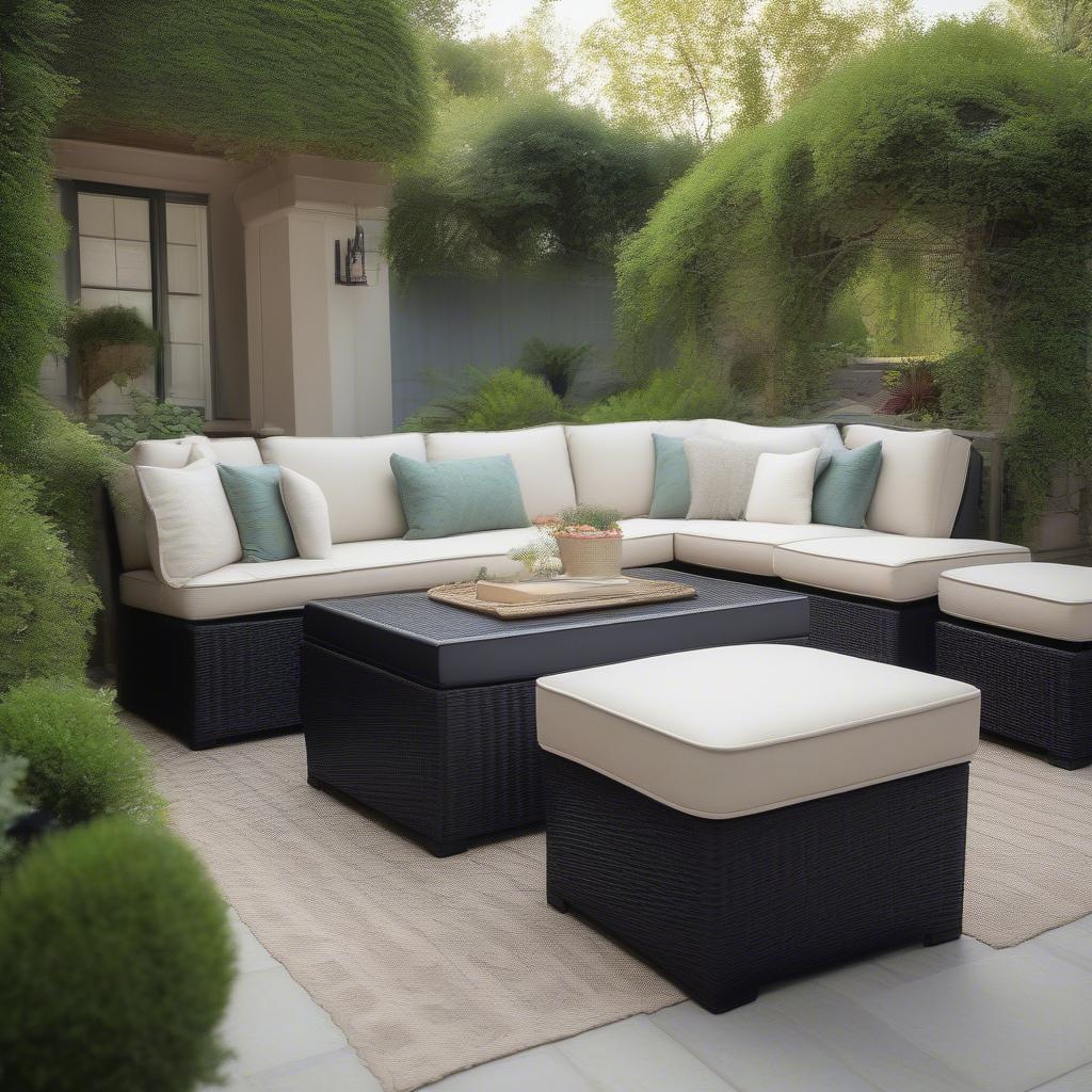 Black Wicker Ottoman in a Patio Setting