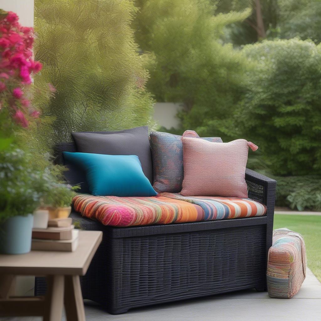 Black wicker storage bench on a patio with cushions and plants.