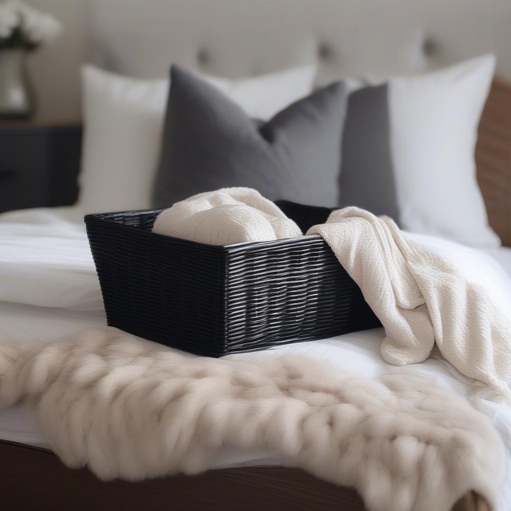 Black wicker storage basket in a bedroom