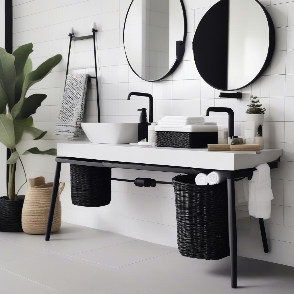 Black wicker storage baskets in a bathroom