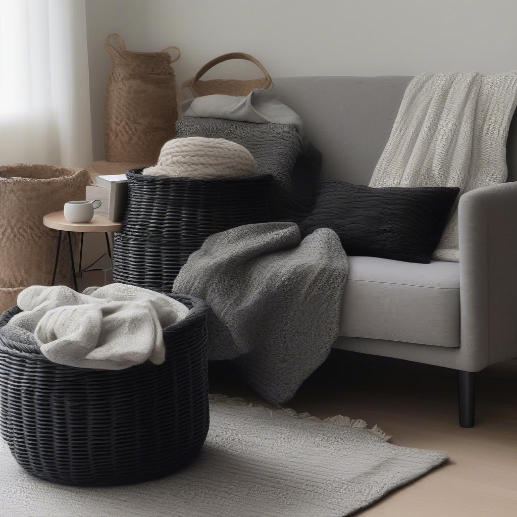 Black wicker storage baskets in a living room setting