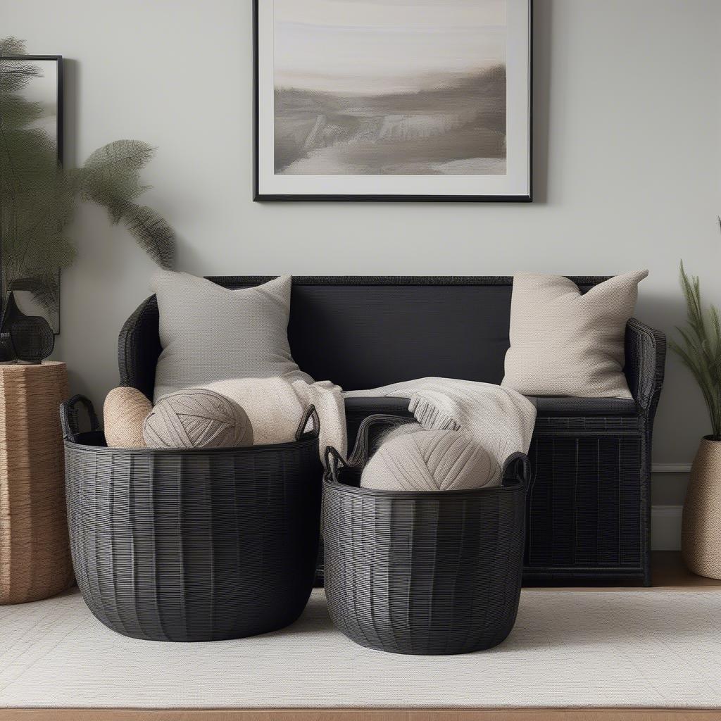 Black wicker storage baskets in a living room setting