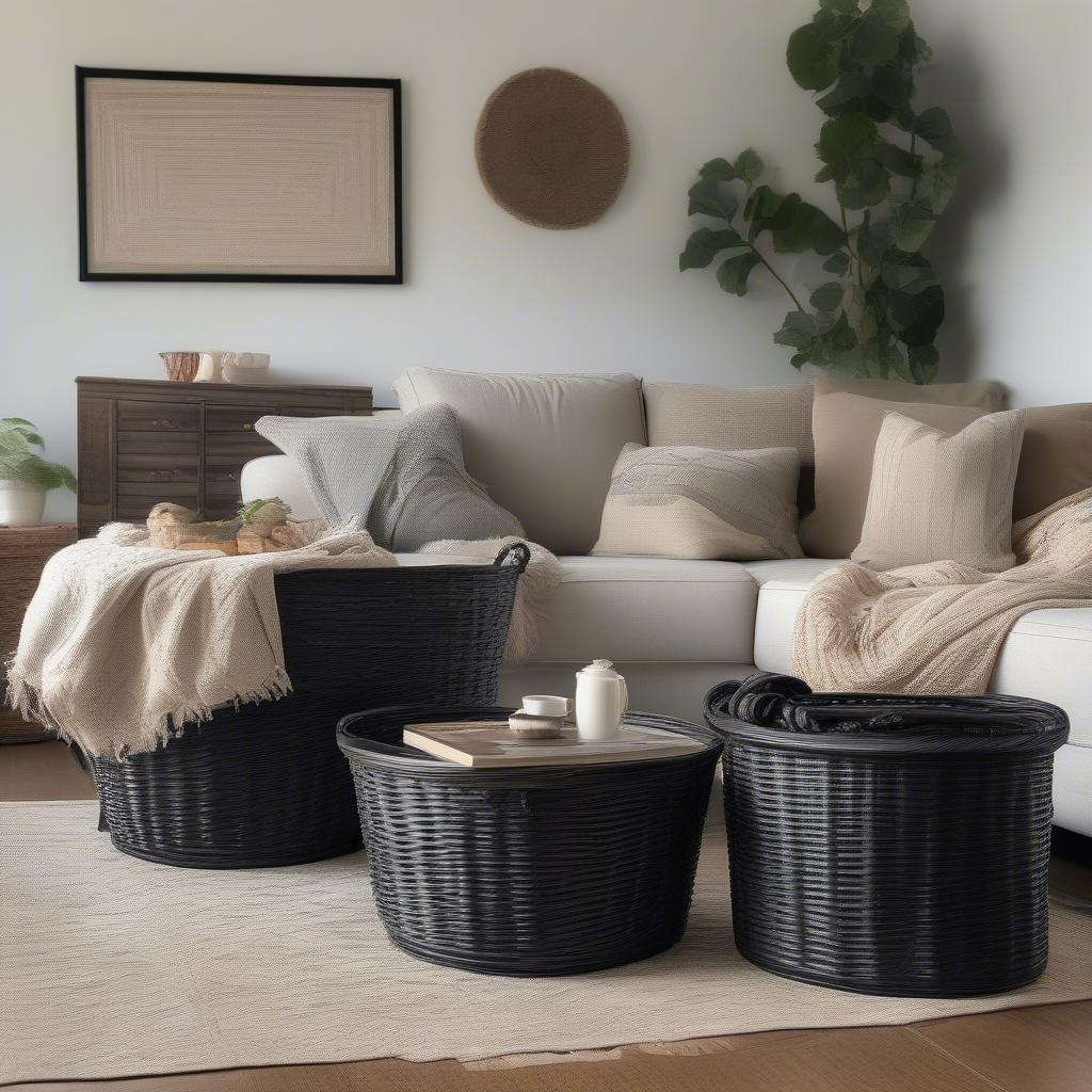 Black Wicker Storage Baskets in Living Room